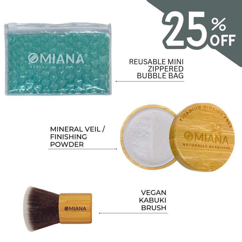 Omiana beauty product set with reusable mini zipped bubble bag, mineral veil/finishing powder, and vegan kabuki brush on a white background.
