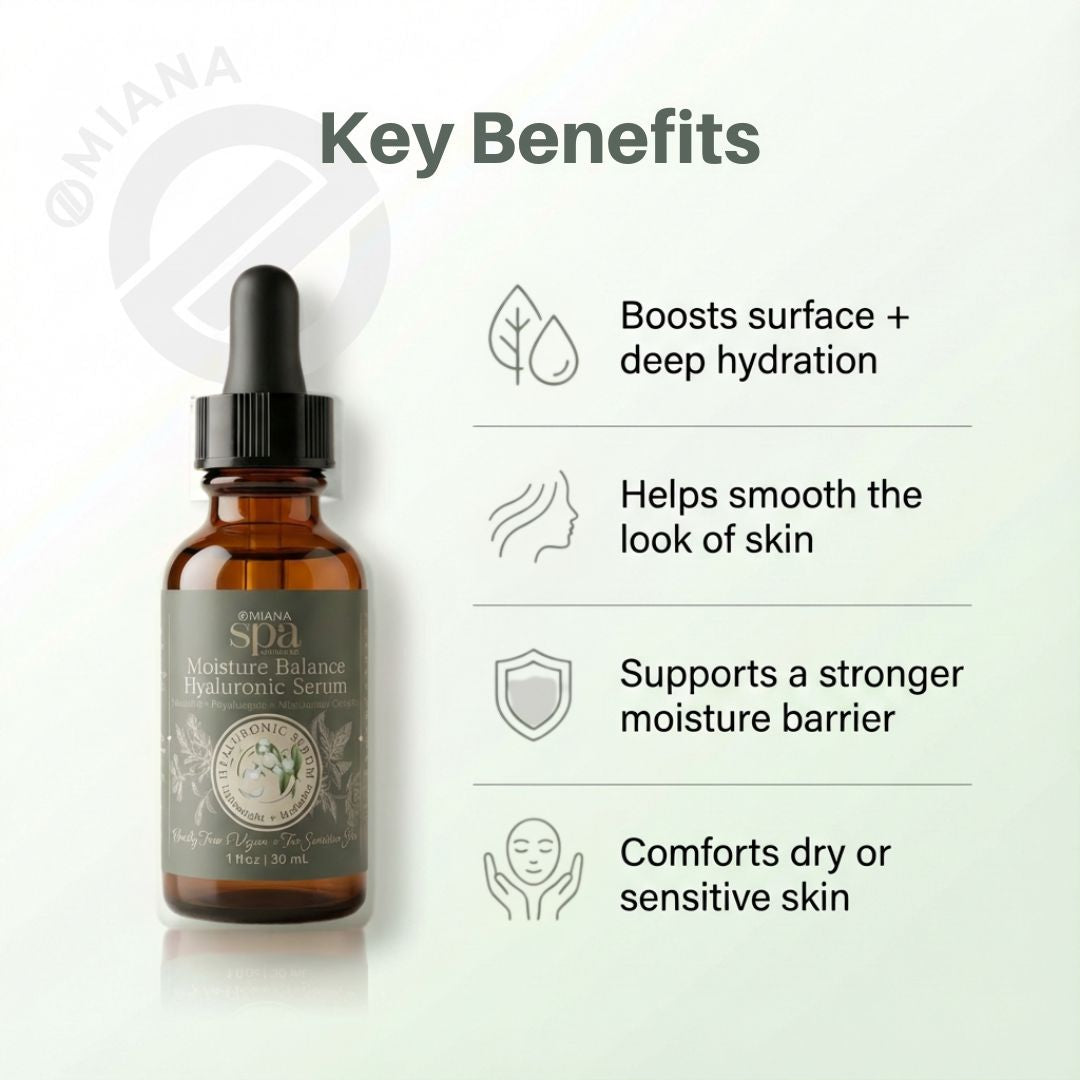 Omiana Spa skincare Moisture Balance Hyaluronic Serum in a brown glass bottle with key benefits listed on a light background