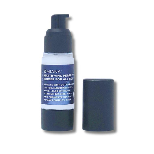Omiana matifying perfect primer makeup in a clear bottle with pump on a white background