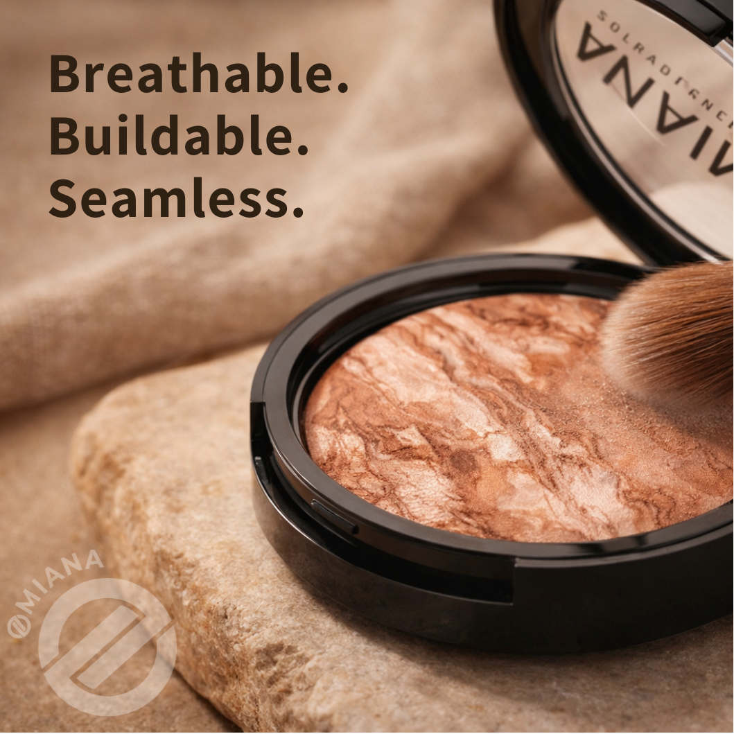 Compact powder with a brush and text 'Breathable. Buildable. Seamless.' on a stone surface, with 'OMIANA' branding.